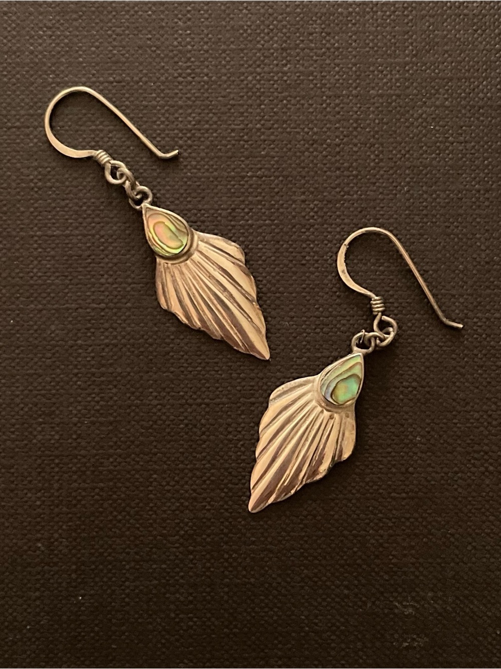 Vintage - Abalone Teardrop Leaf Silver Dangle Earrings - Iridescent Green Shell